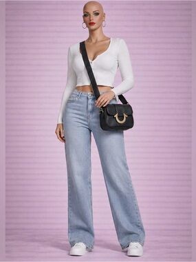 True Religion Mini Crossbody Bag Black Faux Leather Gold Horseshoe Buckle Strap